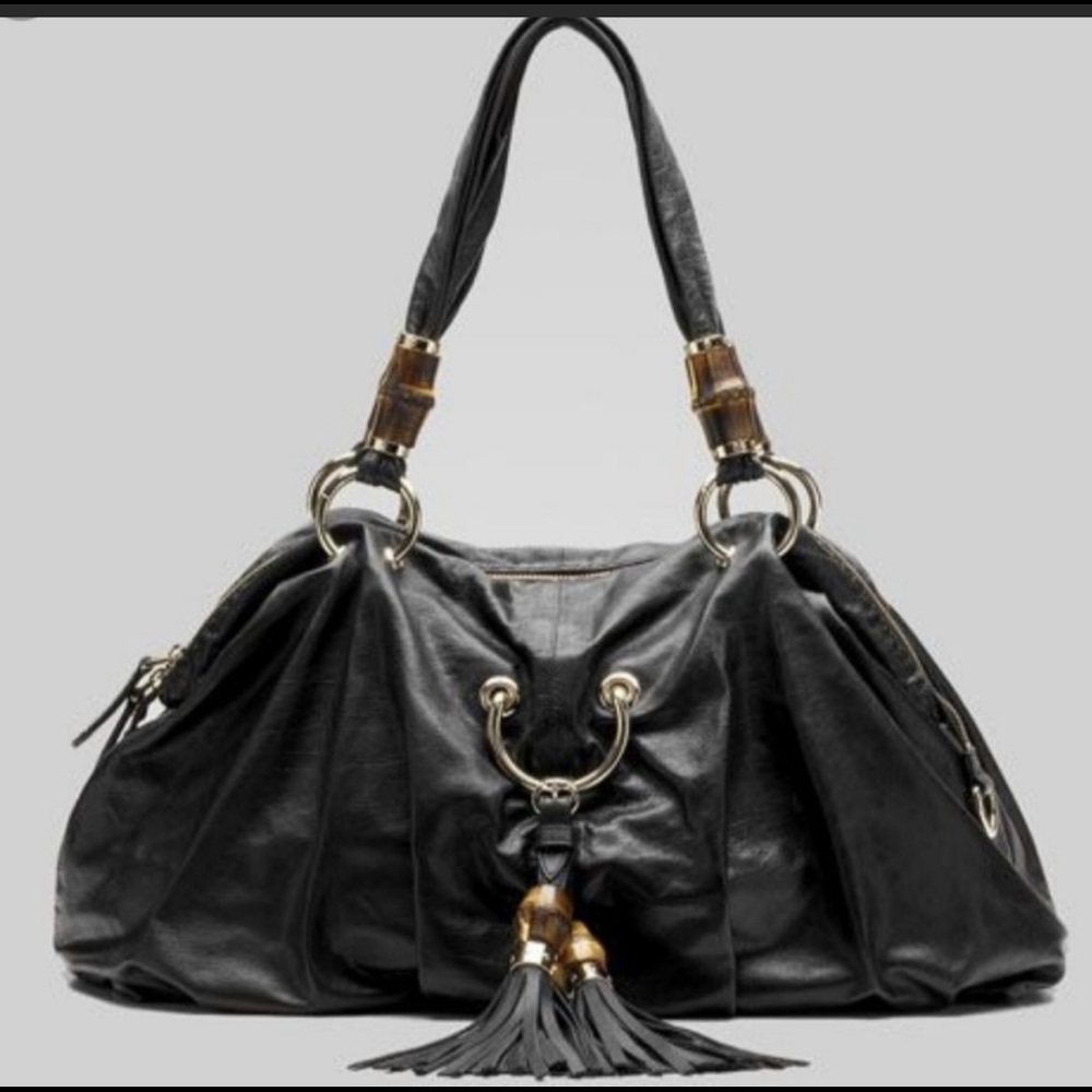 Gucci black lambskin tassel leather hobo